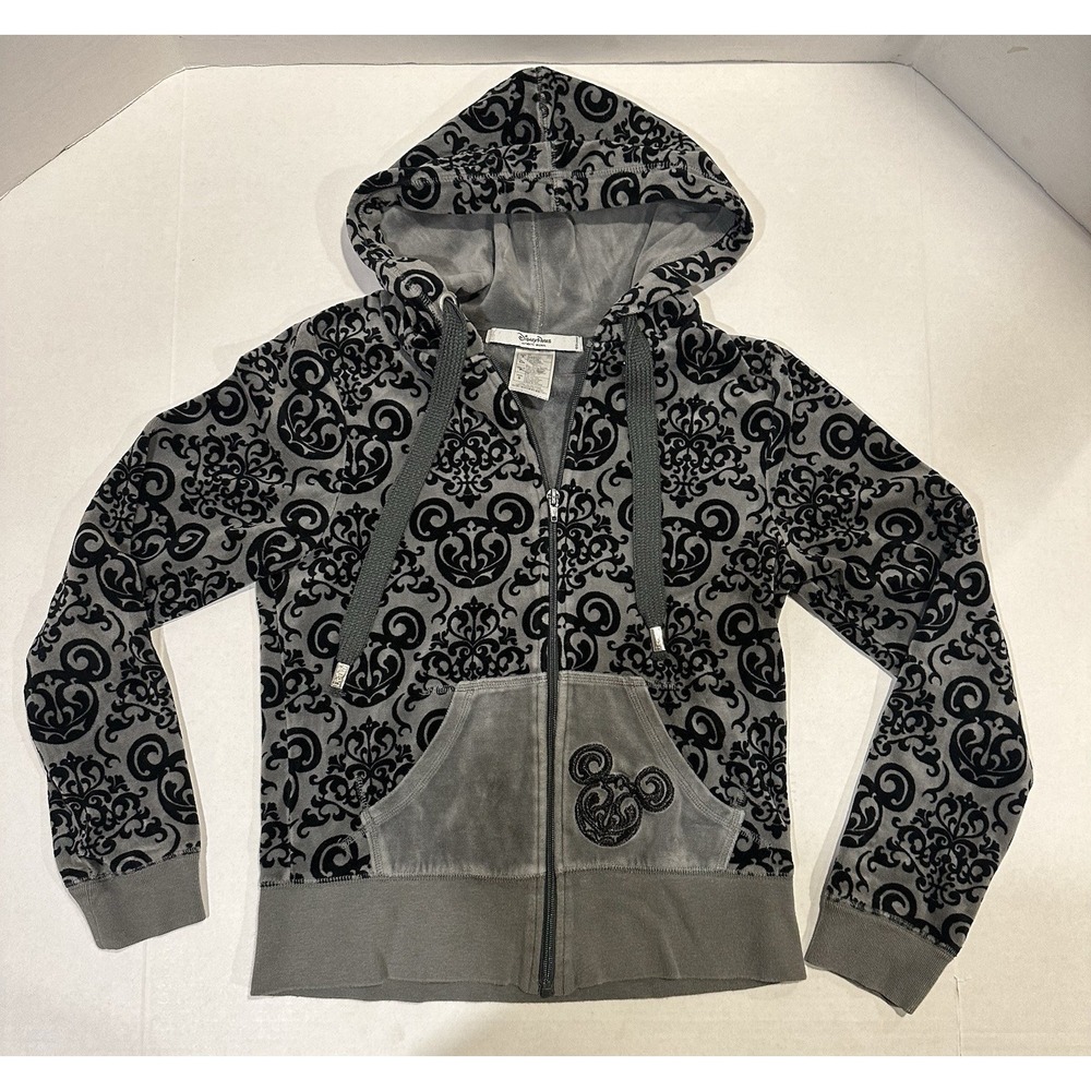 Disney Parks Authentic Mickey Mouse Velour Full Zip Hoodie Gray Black Size Small